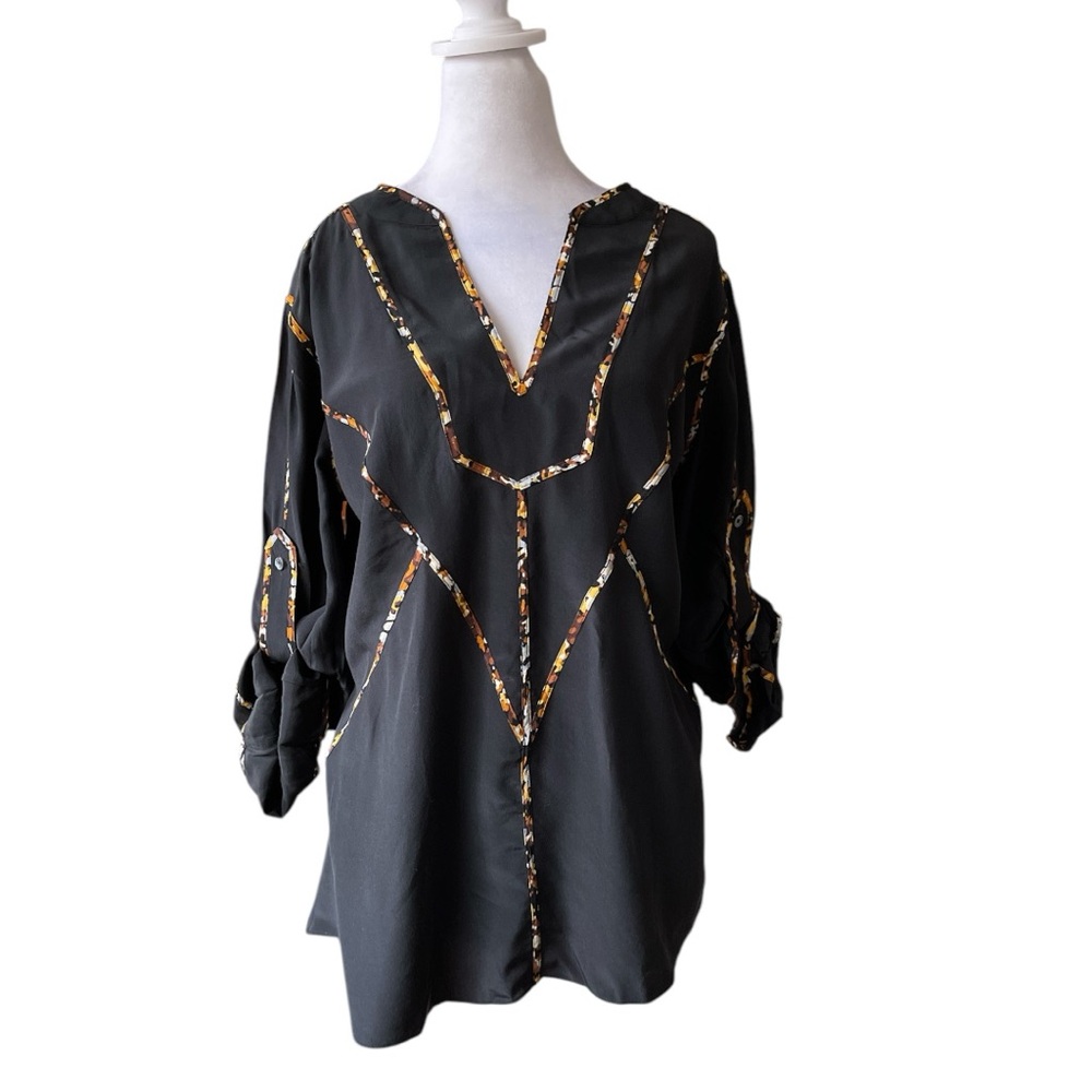 BCBG M black 100% silk V neck with contrast trim and tab sleeve tunic blouse